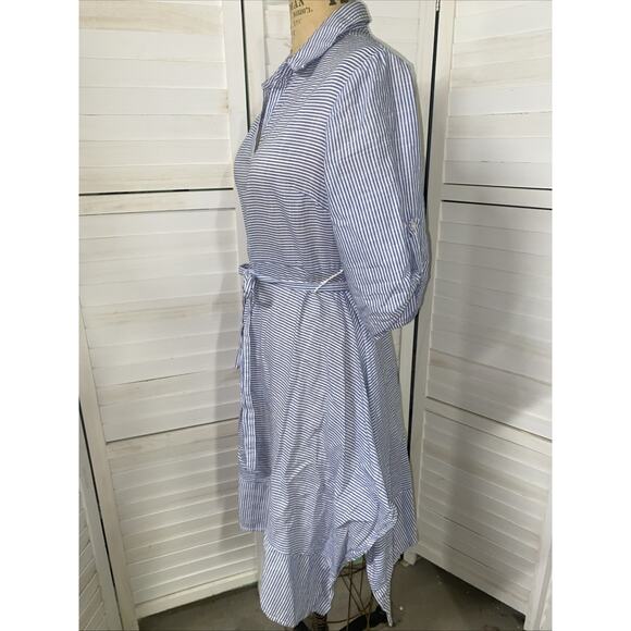 Per Seption Concept Women’s Large Striped Cotton Dress Asymmetrical Hem Roll Tab - Picture 9 of 11